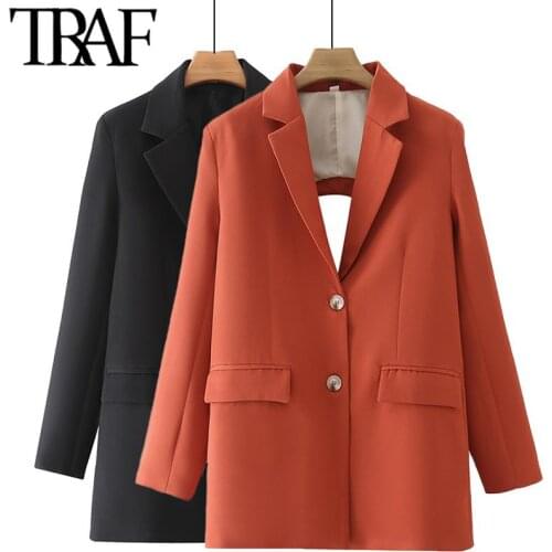 ZHENBAILI 2021 ZA Summer Autumn Chic Cut Out Back Long Sleeve Single Breasted Women Casual Jacket Flap Pocket Female Blazers