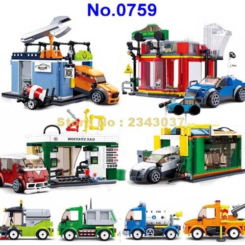 0759 Urban Vehicle Garage Race Racing Car Garbage Truck Bus Building Blocks Toy