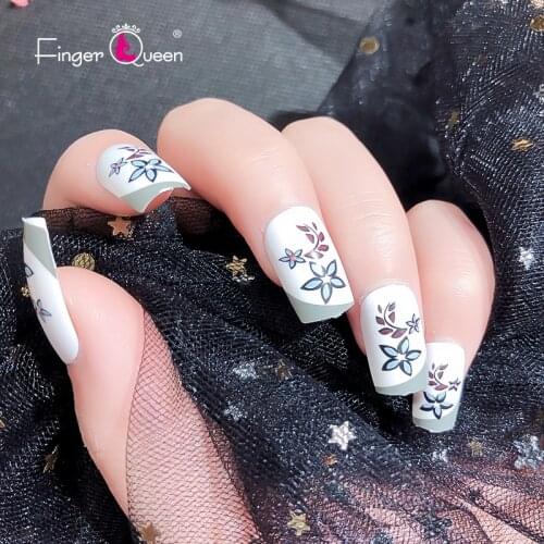 24pcs Box False Nails With Design And Glue Man-Made Major Black Blue White Gray Flower French Halloween Acrylic Fake Nails