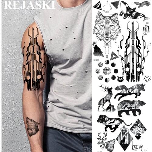 REJASKI 3D Circuit Board Geometric Tribal Wolf Temporary Tattoos Sticker Planets Black Tattoo Triangle Art Custom Tatoos For Men