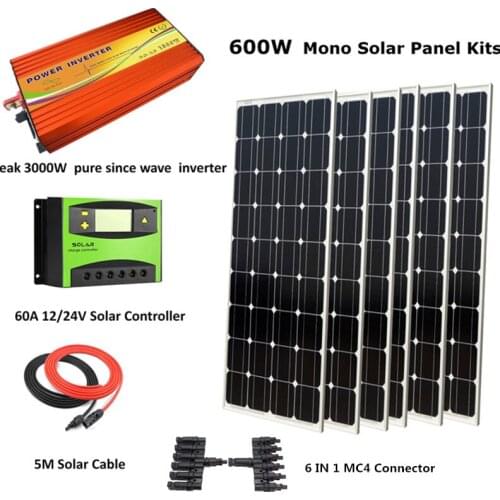 6pcs 100W Monocrystalline Solar Panel Module with Peak 3000W inverter and 60A controller Houseuse Complete 600W Solar System Kit