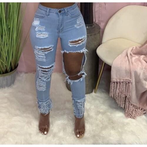 African Ladies Fashion Hole Jeans Pants High Waisted Skinny Solid Sexy Evening Night Party Club Wear Long Trousers Pants 2021