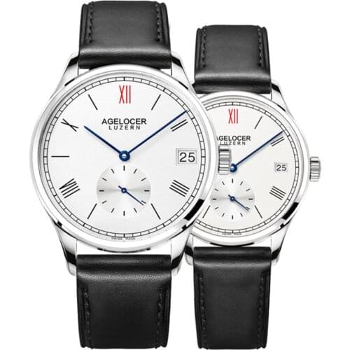 Agelocer Fashion Style Couple Watches Genuine Leather Band Automatic Watches for Men and Womens Waterproof Watches 1101A1-1202A1