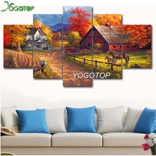 Farm Diy Diamond Painting 5 Pieces House Horses landscape Full Drill rhinestone Mosaic Diamant Embroidery Decor village ML1322