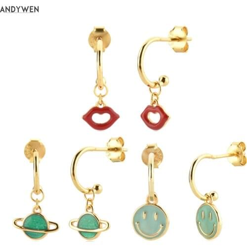 ANDYWEN 925 Sterling Silver Gold Circle Kiss Green Saturn Earring Smily Drop Earring Loop Pendiente Piercing 2021 Women Jewels