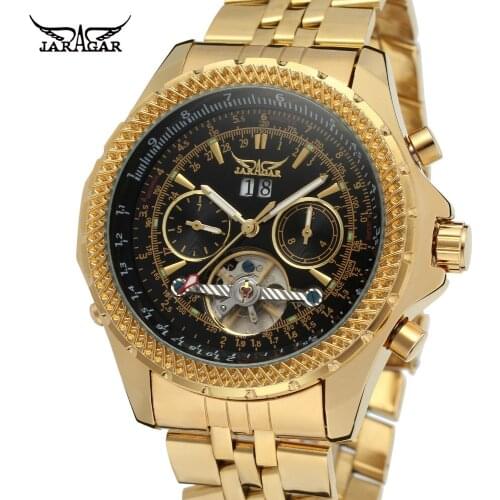 Forsining Mens Watch Brand Automatic Movt Complete Calendar Brass Band Tourbillion Wristwatch Color Black JAG070M4