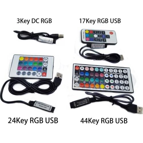 DC 5V USB LED RGB Controller Mini 3Keys Dimmer 24Key 44key IR Remoter 17Keys RF Wireless Remoter Control for USB RGB LED Strip