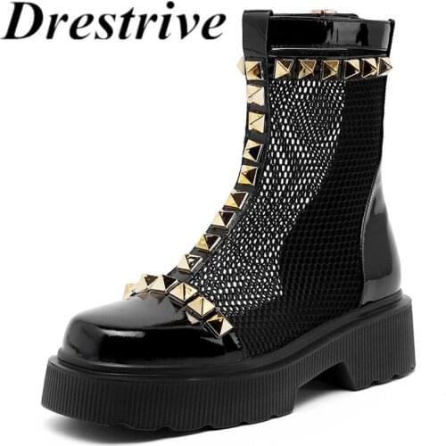 Drestrive Patent Leather 2021 Summer Women Ankle Boots Round Toe Platform Zipper Rivet Thick Heel Shoes Fashion Mesh