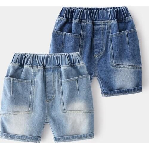 Summer New Boys Denim Shorts Elastic Waist Fashion Casual Girls Pants Knee Length Kids Trousers Childrens Clothes