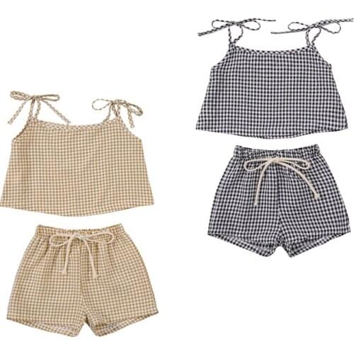 FOCUSNORM 0-3Y Summer Infant Baby Girls Clothes Sets Plaid Printed Strapless Belt Vest Tops Shorts