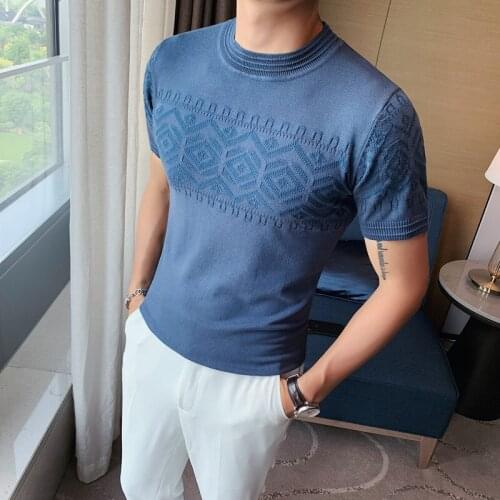 Knitted T shirt Mens Tshirt Retro Creative Pattern Harajuku Round Neck Short Sleeve Slim Top Tees Casual Fashion Style Clothing