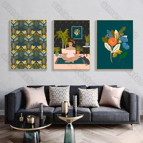 Nordic Style Canvas Painting Poster Abstract Yoga Girl with Cartoon Botanical Flowers Plants for Home Rooms Gallery Wall Decorat