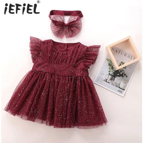 Baby Girls Sequined Gown Lace Dress Baby Christmas Newborn Princess Birthday Party And Wedding Tulle Mesh Dress With Hairband