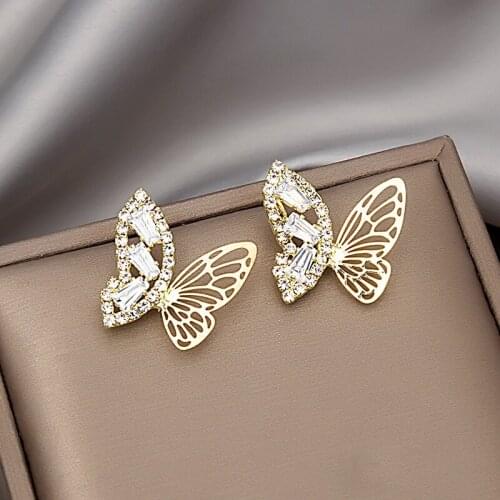 Origin Summer Korean Bling Bling Asymmetric Butterfly Dangle Earrings for Women Gold Rhinestones Hollow Metal Earrings Jwellery