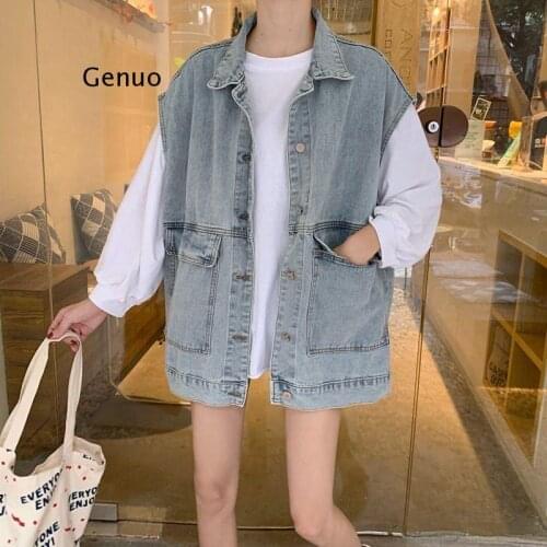 Oversized Black Denim Vest Women Vintage Plus Size Korean Jean Vest Ladies Sleeveless Cardigan Tank Top Vest Jacket