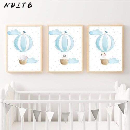 Blue Balloon Animal Canvas Child Poster Nursery Wall Art Print Cartoon Painting Nordic Kid Baby Boy Room Decoration Picture