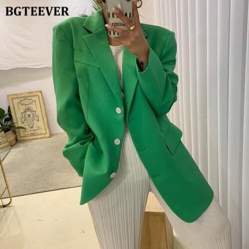 BGTEEVER Stylish Vintage Single-breasted Women Jacket Long Sleeve Loose Green Female Blazer 2021 Autumn Ladies Outwear Coat