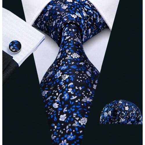 Barry.Wang Wedding Tie For Men 8.5cm Silk Mens Tie Blue Floral Woven Necktie Pattern With Hanky Cufflinks For Wedding FA-5035
