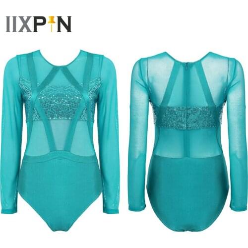 Ballet Leotards for Women Dancewear Round Neck Long Sleeves Shiny Sequin Mesh Splice Gymnastics Leotard Bodysuit Ballet dance