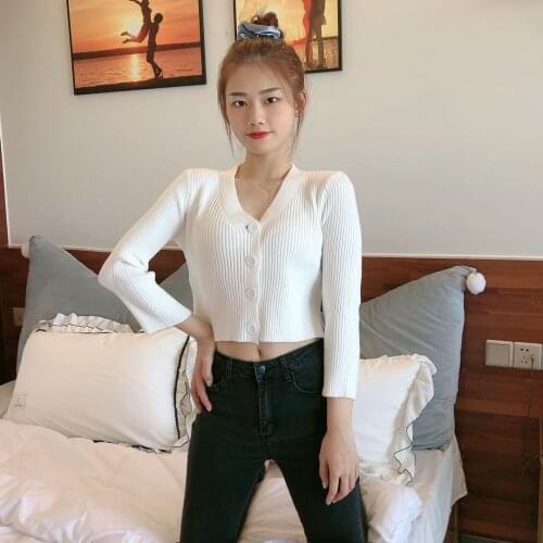 Cropped top lady Autumn Women Stretchable V Neck Long sleeve Button Up Cardigan Knitting Crop Top Short thick warm Sweaters