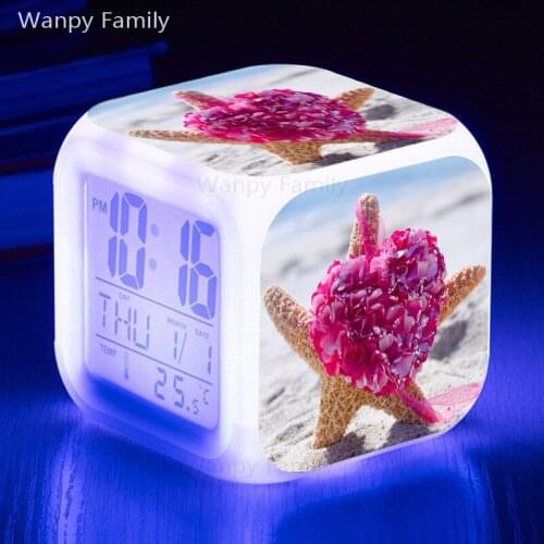Heart-shaped Starfish Alarm Clock 7 Color LED Glowing Digital Alarm Clock Kids Room Multifunctio Luminous Electronic Clock
