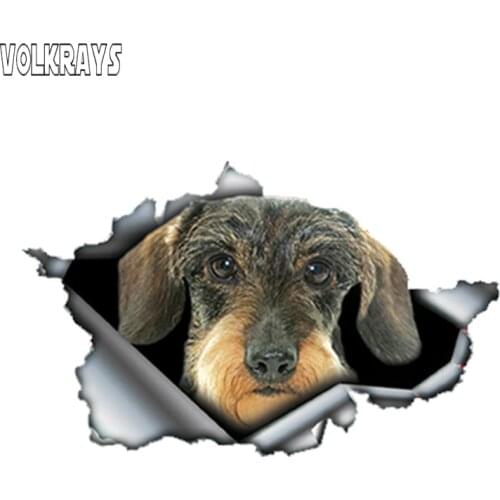 Volkrays Creative Animal Car Sticker Wire Haired Dachshund Torn Metal Decal Reflective Waterproof Stickers Accessories,13cm*8cm