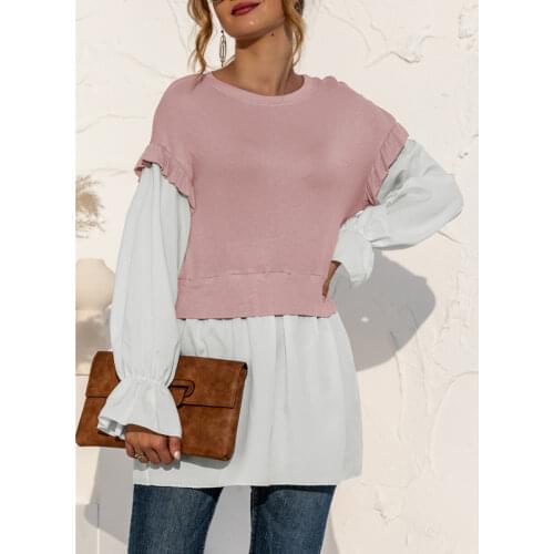 Women Patchwork Blouse Fake Two-piece Tunic Round Neck Long Sleeve Top AM3030