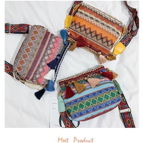 Womens Bag Summer Small Square Bag New Style Tassel Canvas National Characteristics Chain Shoulder Bag Fashion Straddle Bag