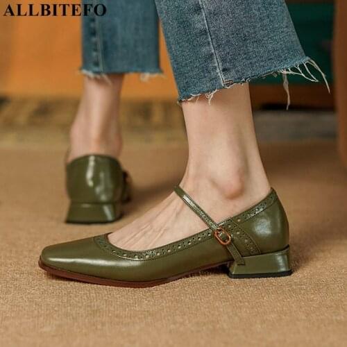 ALLBITEFO Fashion Reto Genuine Leather Thick Heels Party Women Shoes Square Toe Women Heels Shoes High Heels Shoes Tacones Mujer