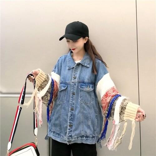 Spring Korean Wind Stitching Color Tasser Wool Knitted Sweater Sleeve Jacket Loose Women Denim Jacket Womens Coat
