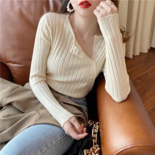 Autumn Womens Long Sleeve Knit Top Single-Breasted Slim Solid Ladies Sweater Korean Clothing Sexy Bottoming Shirt