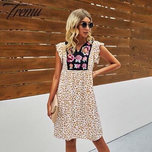TREMU V-Neck Vintage Women Dress Embroidery Butterfly Sleeve Leopard Mini Loose Dresses