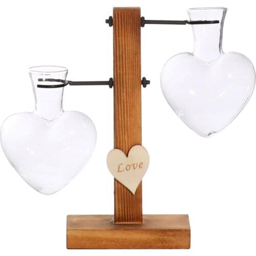 2xDesktop Plant Terrarium Glass Planter Vase with Wooden Stand Double Bottle