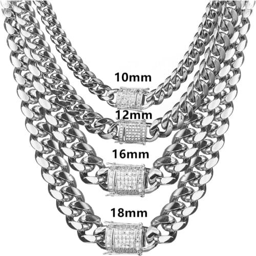 8/10/12/14/16/18mm Stainless Steel Silver Color Cuban Chain Necklace Or Bracelet Crystal Dragon Lock Clasp Men Women Jewelry
