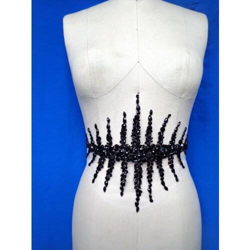 Free shipping handmade crystal patches trim sew on black rhinestones applique 33*20cm for dress accessories