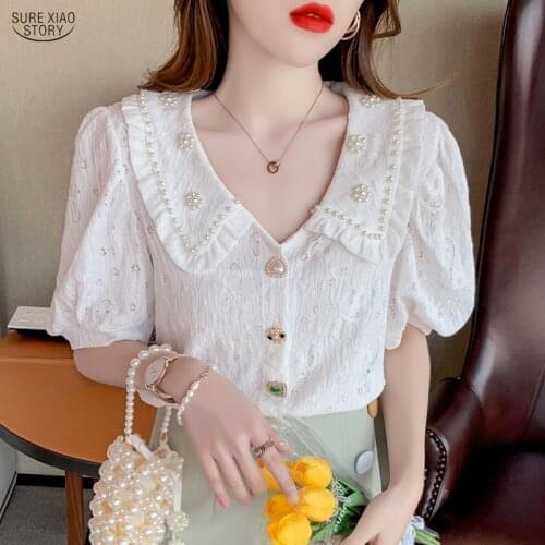 Vintage Short Puff Sleeve Summer Blouses Women Tops Korean Beading Peter Pan Collar Shirts Loose Kawaii Clothing Blusas 15132