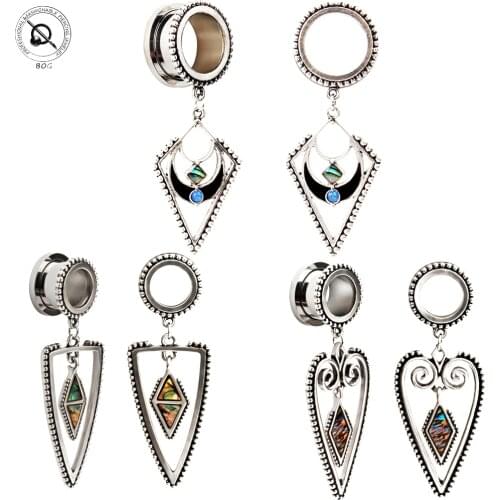 BOG-Pair Ornate Heart/Triangle Dangle Eyelets with Abalone Shell Opal Dangle Ear Tunnel Expander Ear Stretcher Piercing jewelry