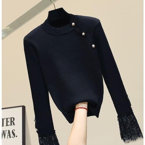 Black Sweater Womens 2019 Fall Winter Lace Mesh Splicing Knitwear Pullover Sweater Womens Temperament Knitting Coat Pull Femme