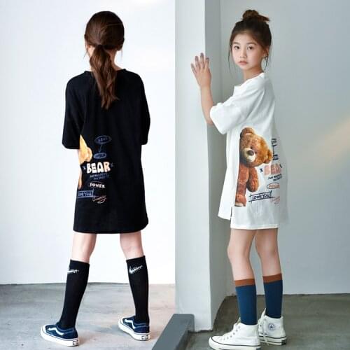 10 12 years Kids Girls Cartoon Bear Print Short Sleeve Long Tops 2021 New Summer Oversize Teen Girls T-shirt