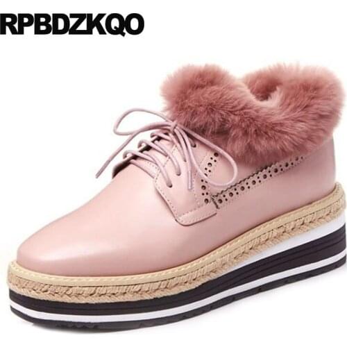 Espadrilles Brogue Genuine Leather Handmade Wedge Fur Platform Square Toe Hemp Creepers Pink Vintage Women Oxfords Shoes Straw
