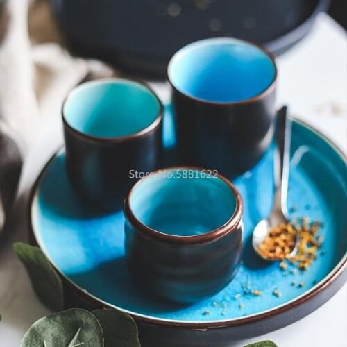 Ceramic Japanese Ice Cracked Glaze Tableware Tea Set Blue Tea Cup Drinking Hand Cup Retro Straight Body Household Cup