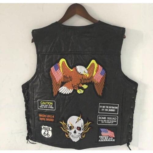 Leather Mens Black Motorcycle Vest w/ 23 Patches Flag Eagle Biker Skull Laces US Size S-4XL