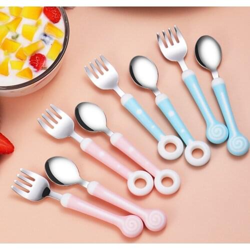 Portable Pink/Blue 304 Stainless Steel Cartoon Pattern Infant Feeding 1Pcs Children Tableware Heat-Resistant Non-slip Fork/Spoon