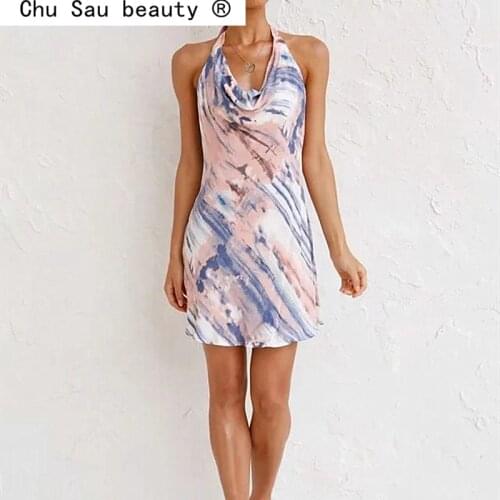 New Fashion Summer Sexy Chic Tie Dye Printed Mini Dress Women Street Style Sleeveless Backless Dresses Female Vestido De Moda