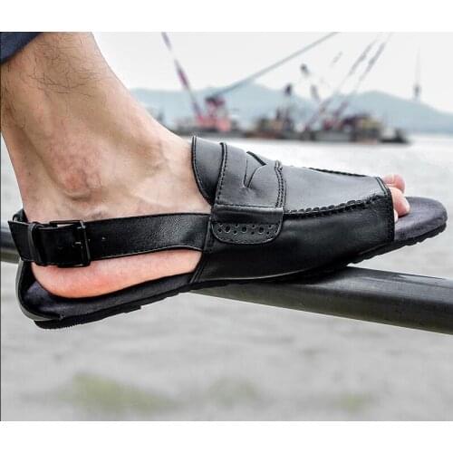 Mens casual sandal shoes black genuine cow leather Roman sandals cool fashion outdoor shoes for summer