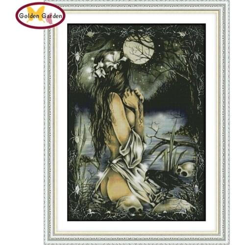 GG Women&Full Moon Cross Stitch Embroidery Needlework Set Joy Sunday Cotton Canvas Large Cross Stitch Stamped Kit for Home Decor