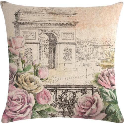 Paris Scenery Cotton Linen Cushion Cover Vintage Style Flowers Pattern Pillowcase Home Decor