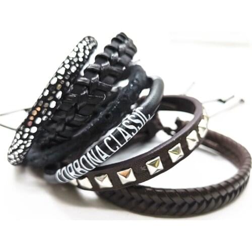 Handmade New Design Black Men Bracelets 6pcs/set Brown Weave Fashion Rope Wrap Pu Leather Bracelets Women Jewelry Accessories