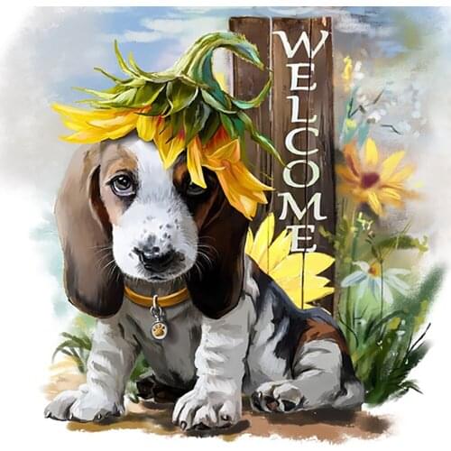 Full Round Square 5D Diamond Painting Animal "Dog" Cross Stitch Flower Diamond Embroidery Scenery "WELCOME " Mosaic Decor Art