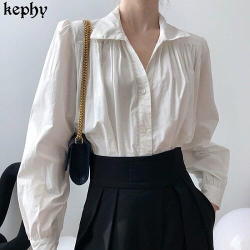 2021New Women Solid Color Sleeve Vintage Blouse Turn-Down Collar Loose Top Button Up Pink Shirt Feminina Blusa Korean fashion